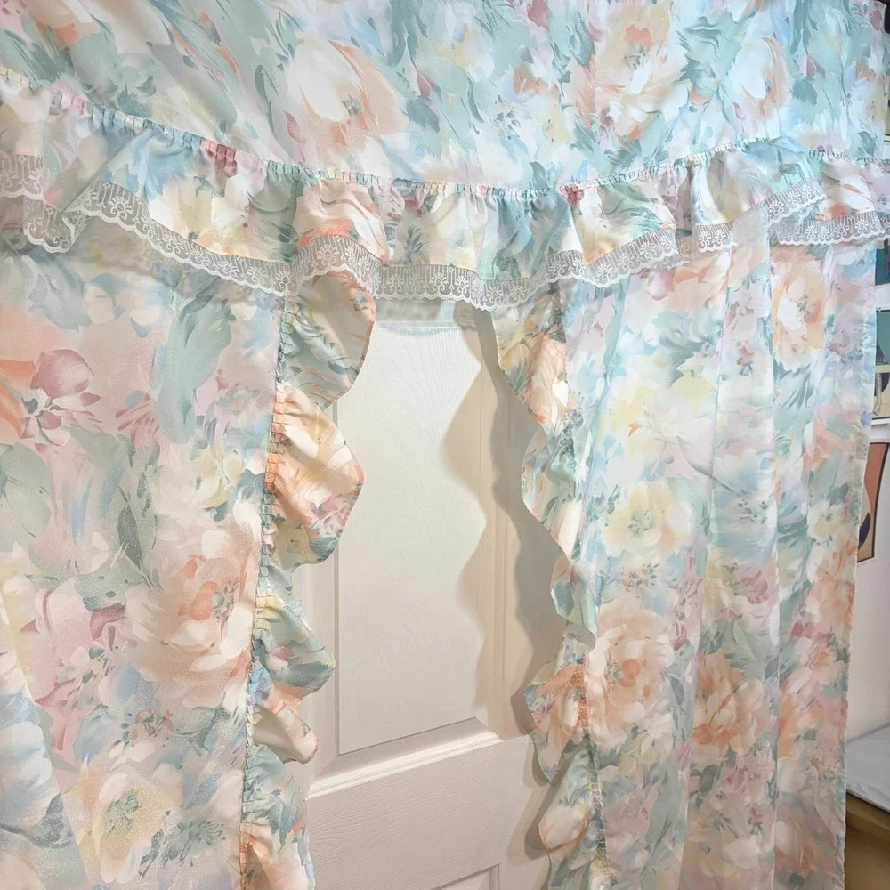 Excell Home Vintage 90s TOPPER Pastel Floral Ruffle Shower Curtain Lace 70x72
